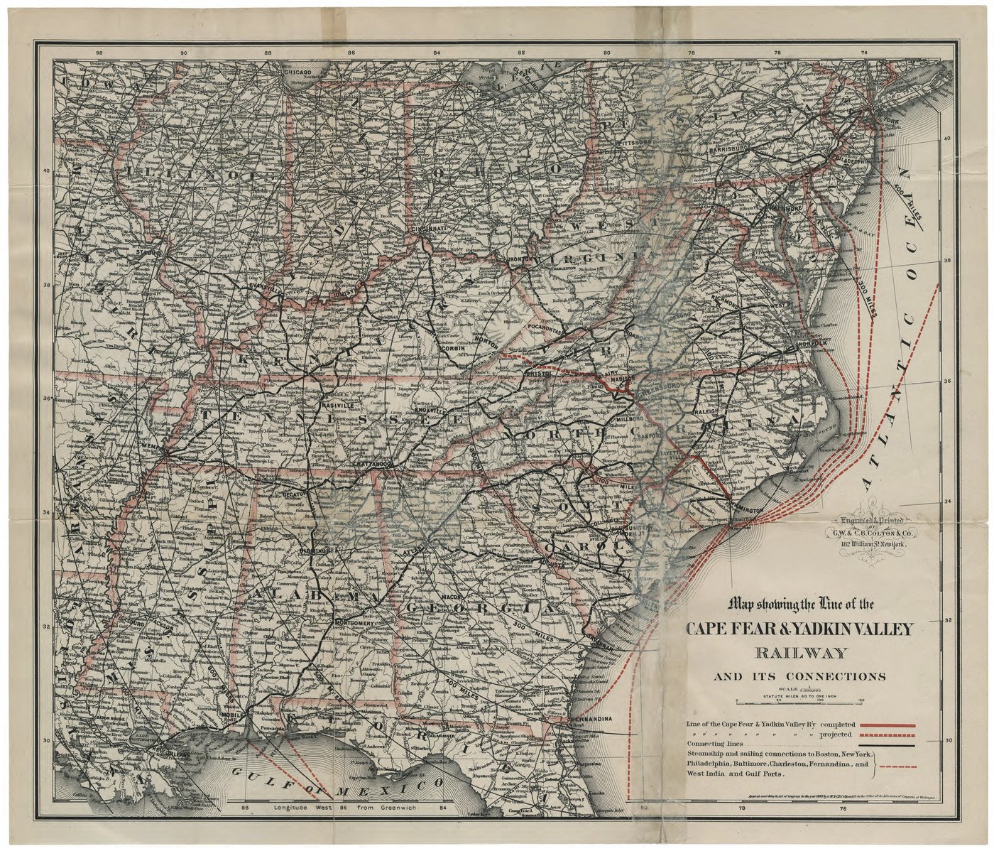 Map showing the line of the Cape Fear and Yadkin Valley Railway and its connections, including projected western extension toward the Ohio Valley