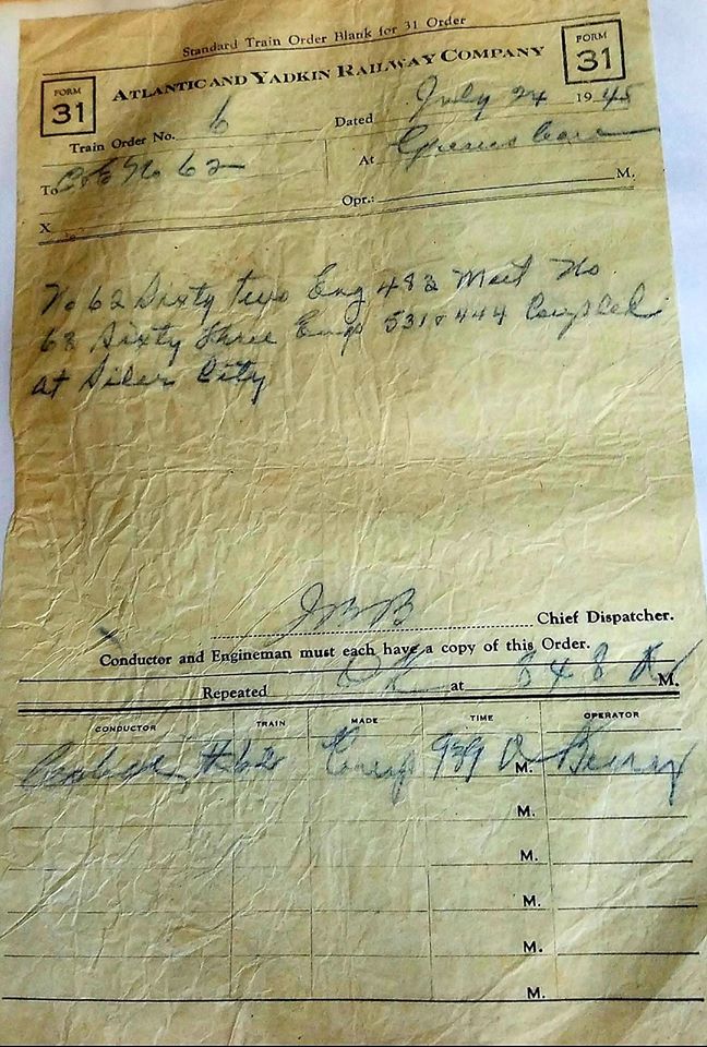 A&Y Train Order Form 31 dated July 24 1945, Tim Carroll collection