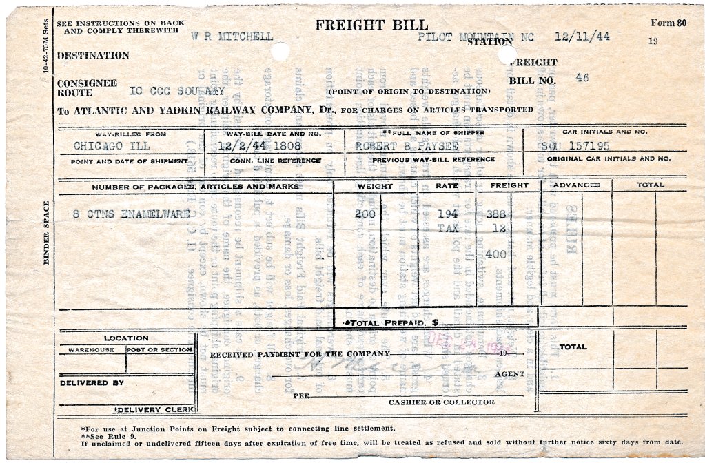 A&Y Freight Bill Form 80 front, 1942