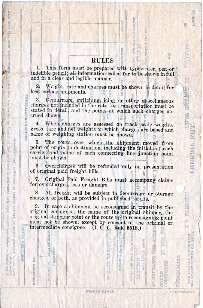 A&Y Freight Bill Form 80 reverse, 1942